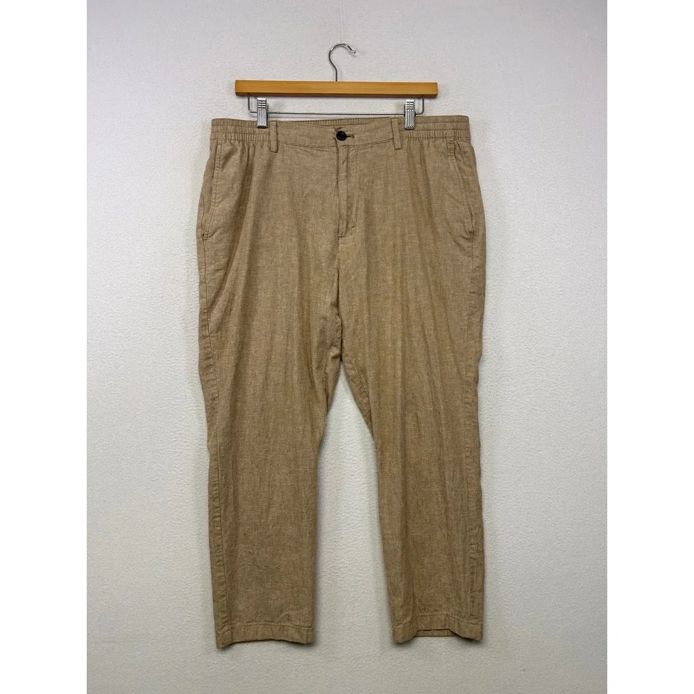 Coastal Old Money Banana Republic Mens 36x30 Tan Linen Blend Slim Tapered Pants